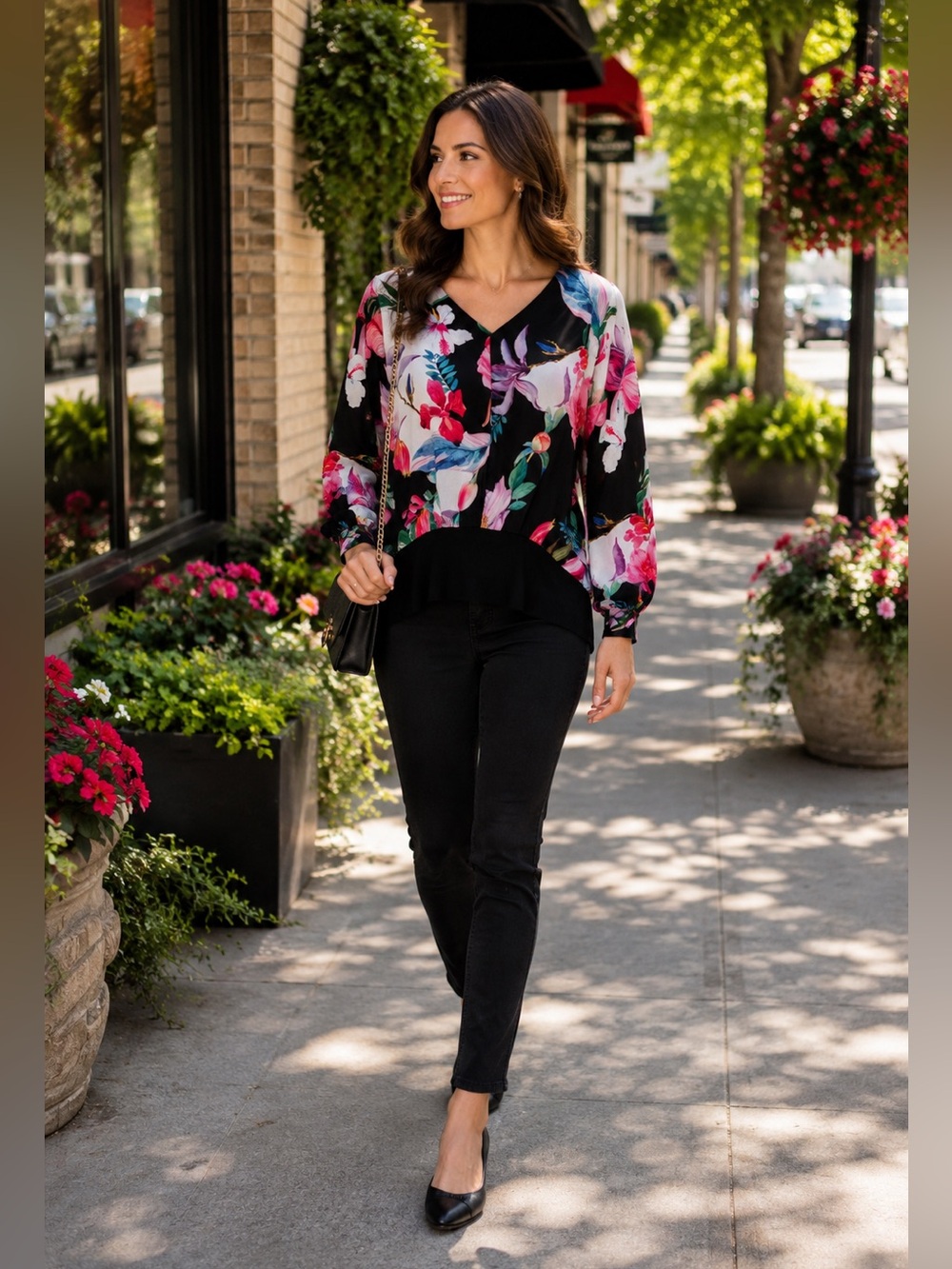 Joseph Ribkoff Floral Blouson Blouse Black Pink Long Sleeve Size 6